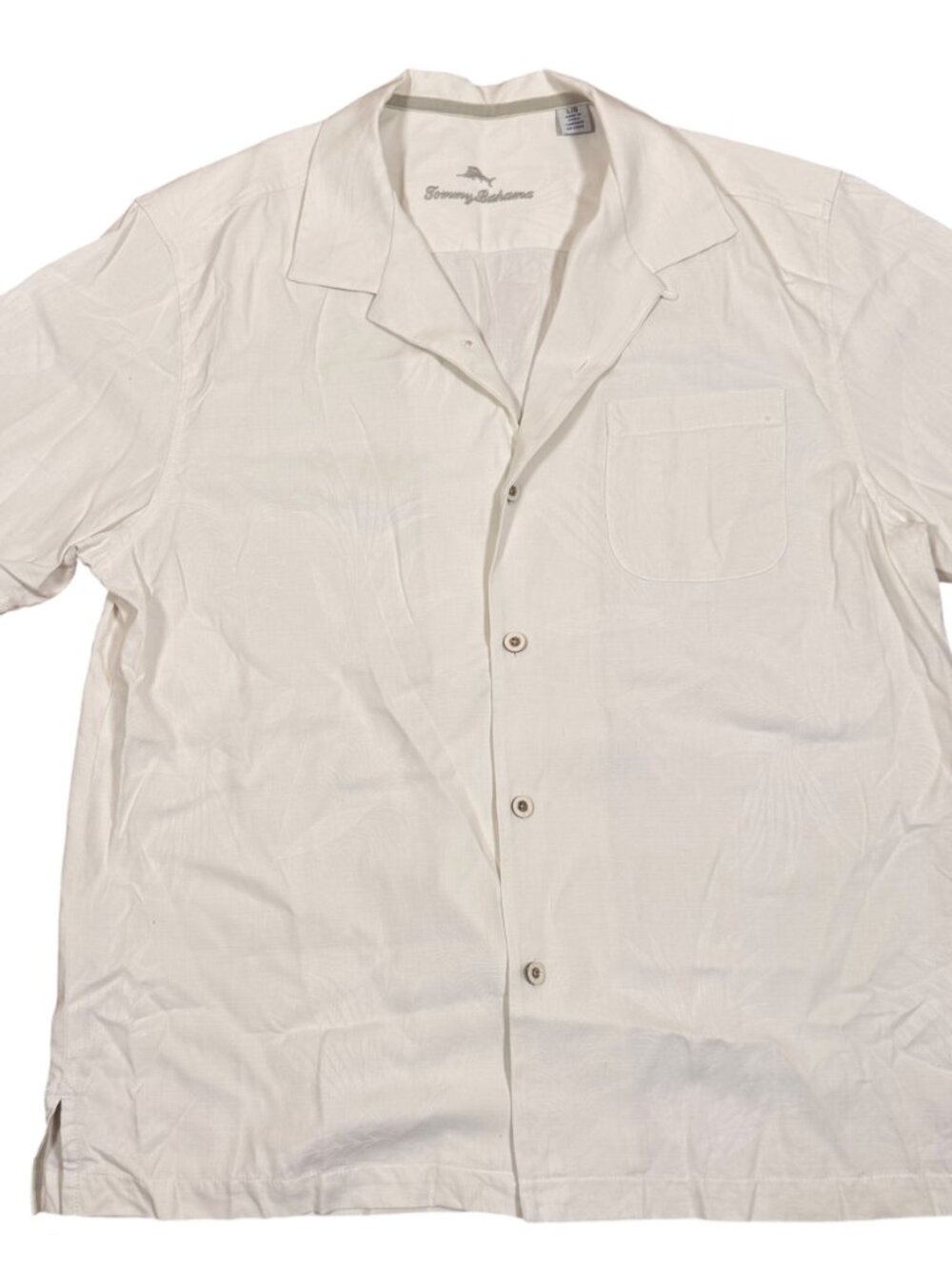Tommy Bahama Mens Large Silk Camp Shirt White Short Sleeve Button Front Casual